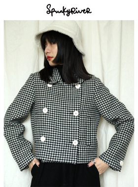 SPR|复古优雅灰白黑色千鸟格粗花呢羊毛双排扣短款外套 英伦秋冬