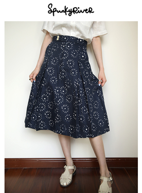 SPR|意大利棉麻扎染印花高腰A字百褶裙半身裙 靛蓝色烟花印花