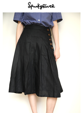 SPR｜意产亚麻复古女士高腰A字百褶裙 蓝白格子 黑色两色 法式