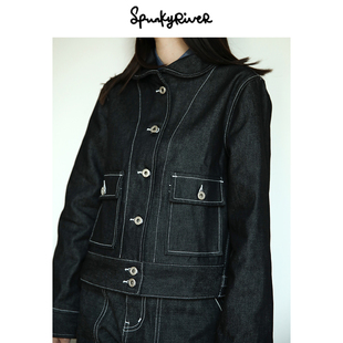 SPR｜冈山炭黑原牛青果领女士复古牛仔外套牛仔服