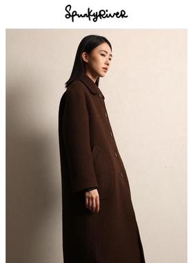 SPR｜M&E英国粗花呢羊毛棕色咖色娃娃领圆领厚实保暖大衣秋冬复古