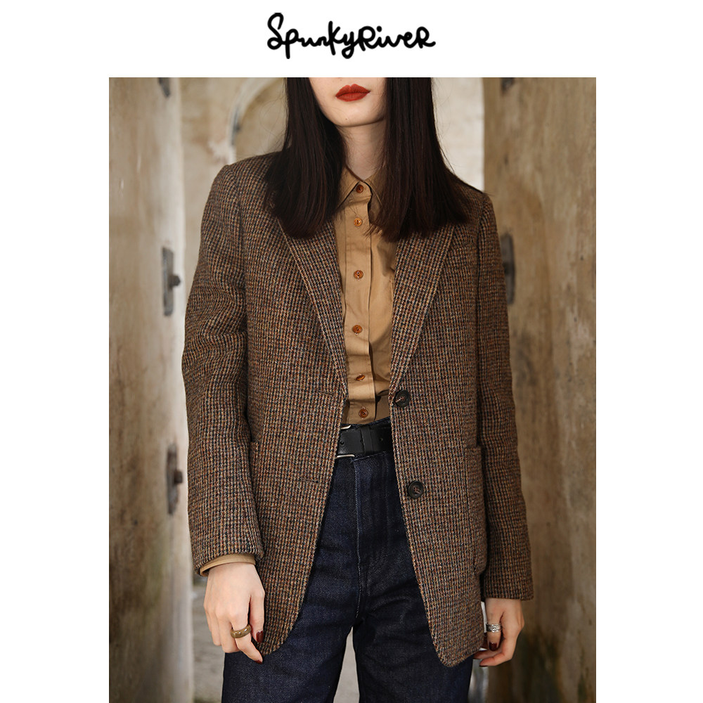 HarrisTweed英国哈里斯粗花呢宽松直筒通勤女士羊毛复古西服 英伦
