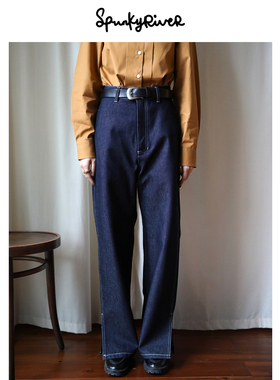 Spunky River|土耳其原牛长绒棉高腰宽松复古女士牛仔裤 裤脚开衩