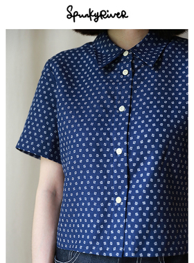Spunky River|日产丝麻印花藏蓝色女款复古箱型宽松短袖 法式日式