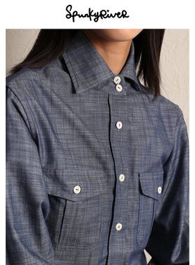SPR | 蓝色竹节棉复古safari式衬衣 女士狩猎式秋季衬衫 原创设计