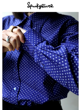 SPR｜意大利进口纯棉蓝紫色波点女士复古法式衬衫蓝色圆点百搭