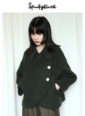 SPR| 意大利进口苔藓绿双面呢短款双排弧形门襟短外套 复古圆领