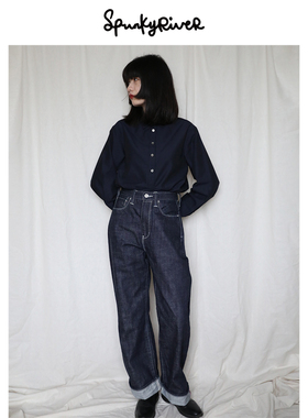 SPR|日本冈山粉耳牛仔复古梦露牛仔裤美式原牛卷边牛仔裤宽松直筒