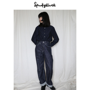 SPR|日本冈山粉耳牛仔复古梦露牛仔裤美式原牛卷边牛仔裤宽松直筒
