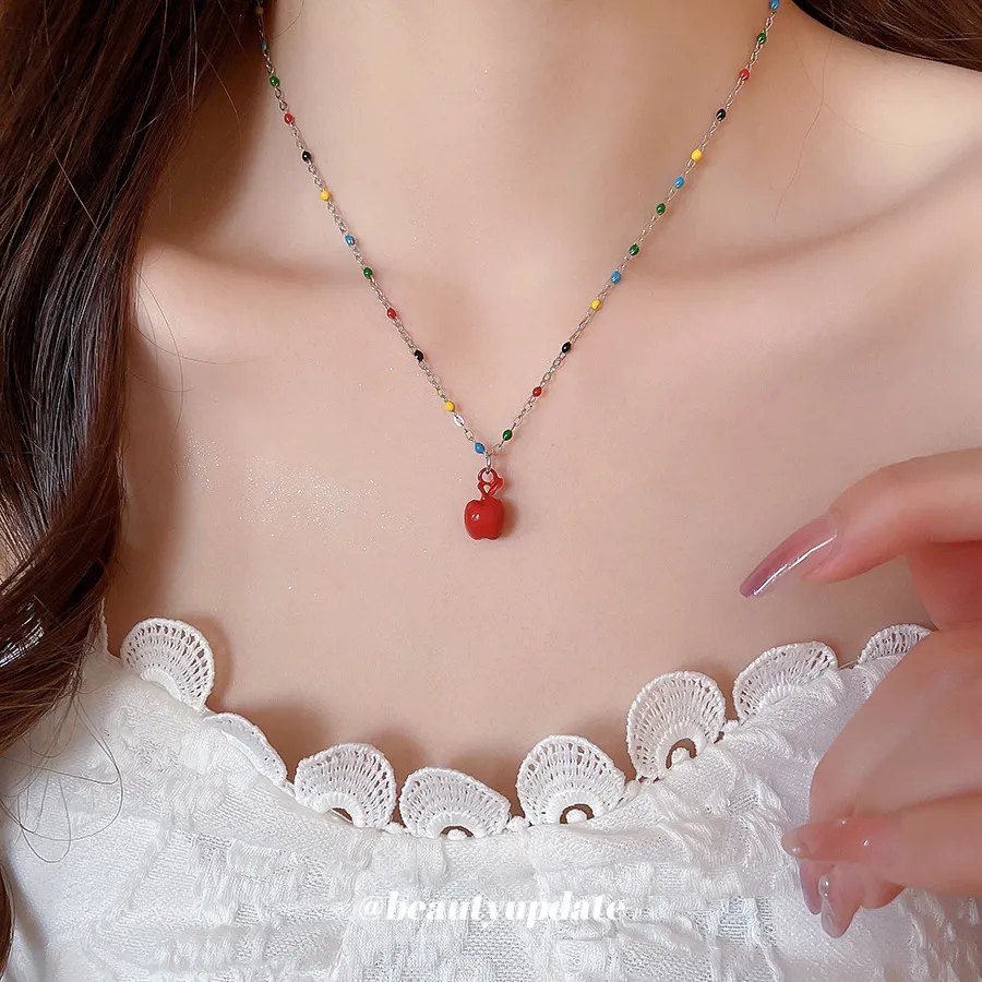 滴油彩色苹果吊坠项链春夏小清新锁骨链时尚简约小众设计感颈链女