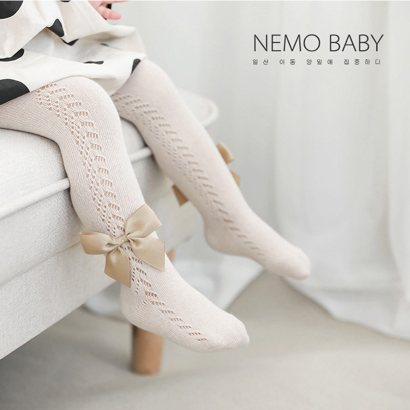 可可妈女宝宝连裤袜网眼蝴蝶结公主薄款儿童夏季婴儿袜纯棉打底裤