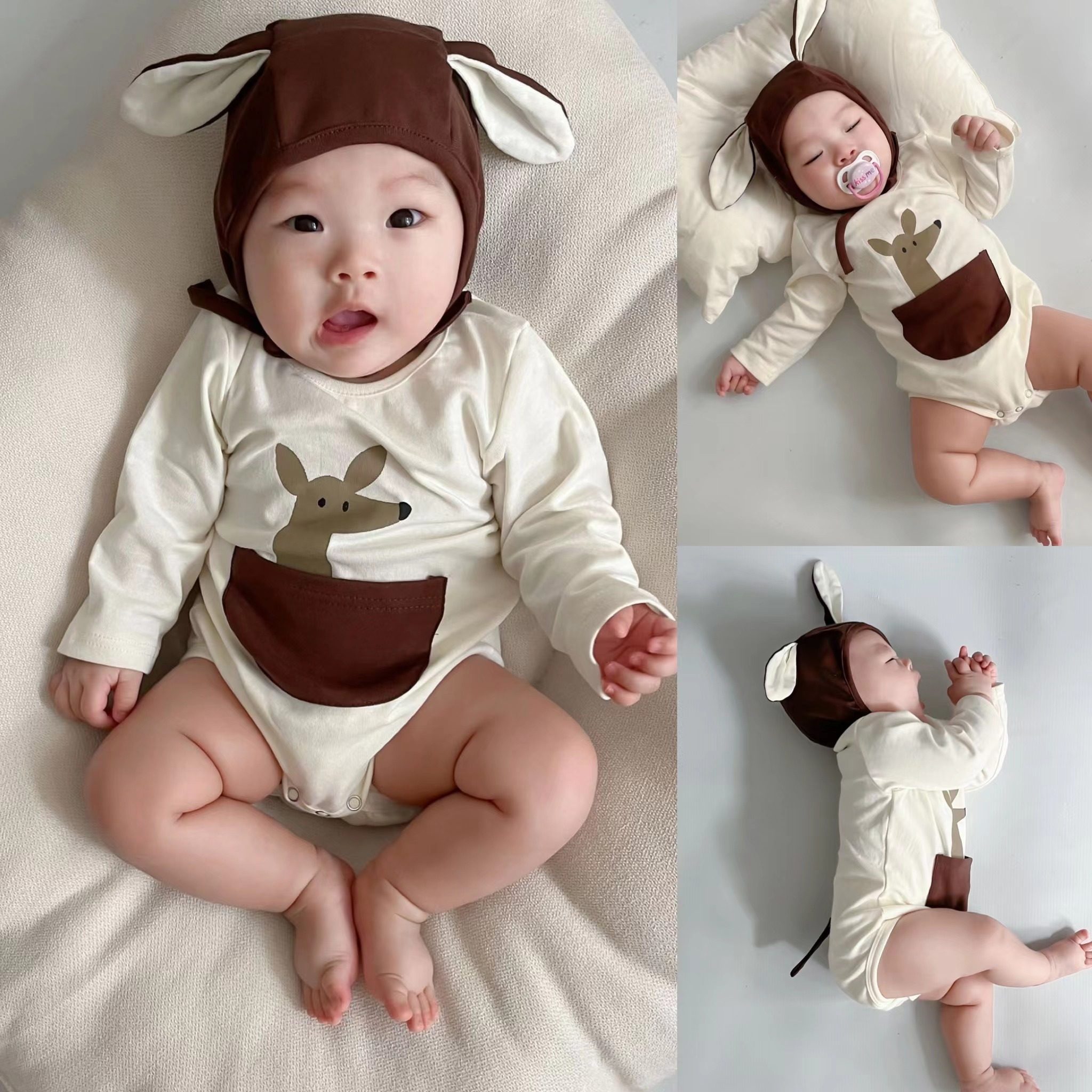 可可妈宝宝三角哈衣套装婴儿可爱动物长袖女爬服春秋款男童连体衣