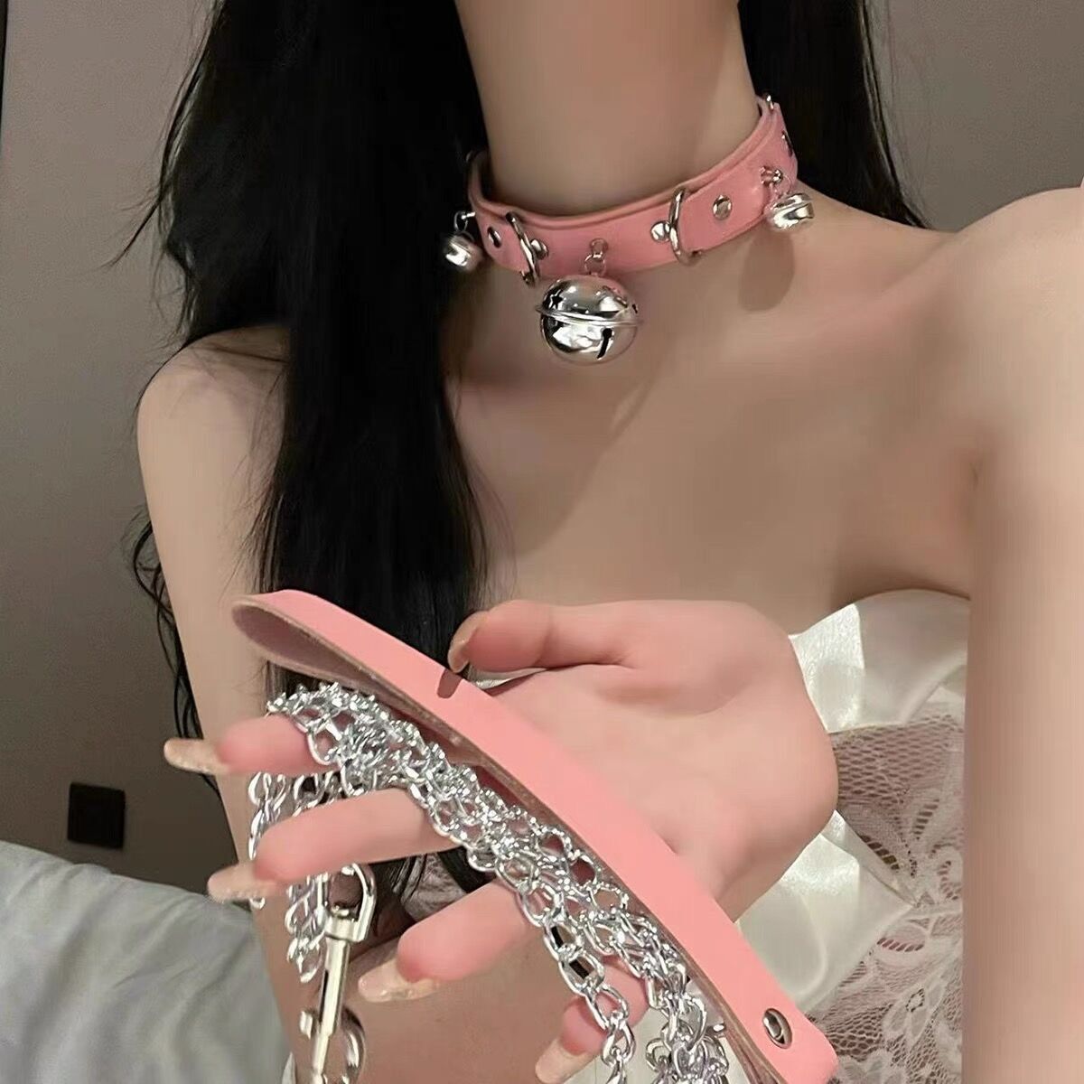 大铃铛Choker皮质项圈锁骨链脖环原宿少女可爱女仆辣妹牵引绳套装