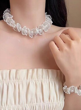法式超仙蕾丝珍珠项链小众轻奢配套手链时尚简约choker锁骨链女款