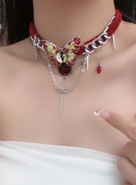 暗黑朋克风十字架蝴蝶项圈辣妹风choker女小众重工个性项链锁骨链
