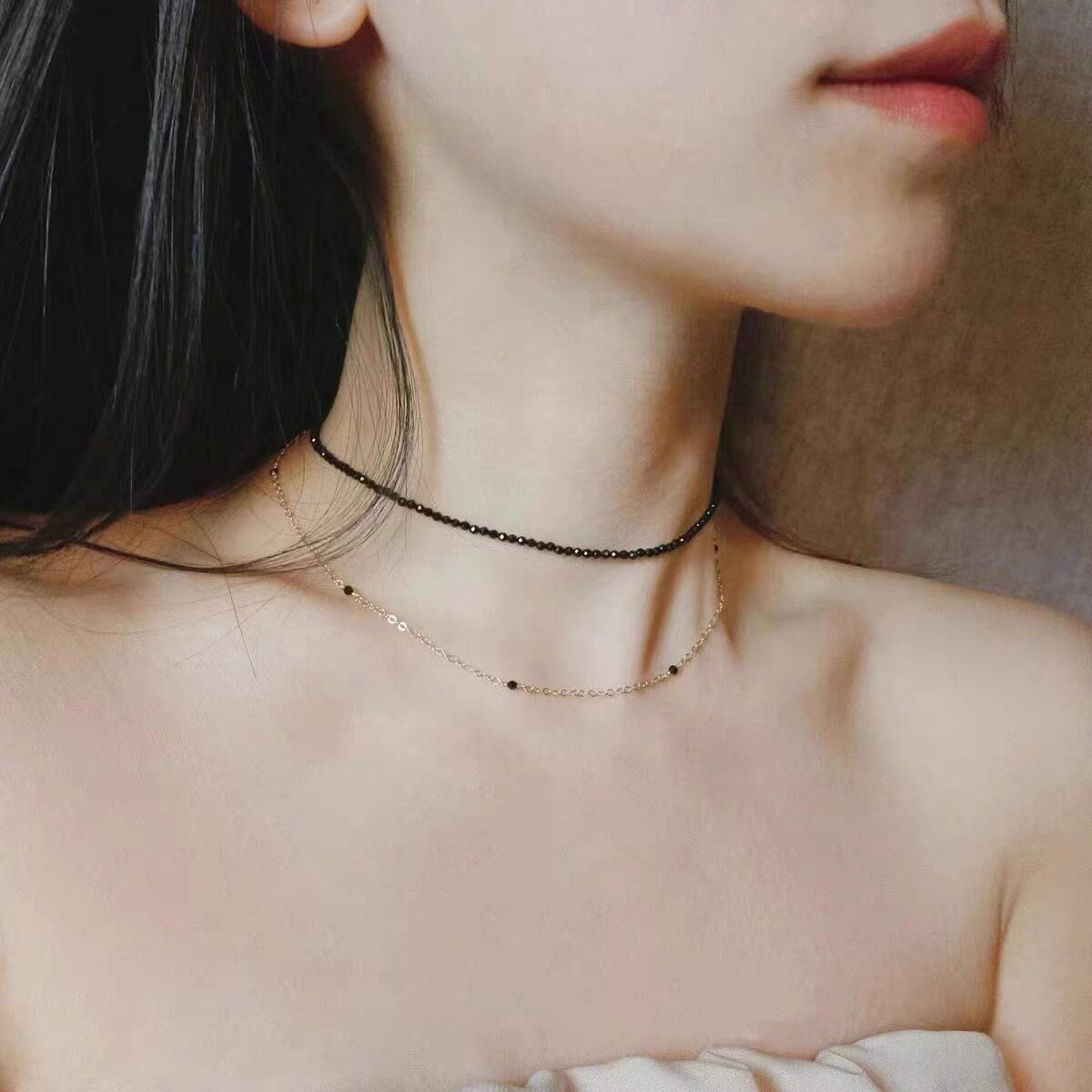 欧美新款网红choker项圈女短款双层颈带锁骨链黑水晶复古项链手链