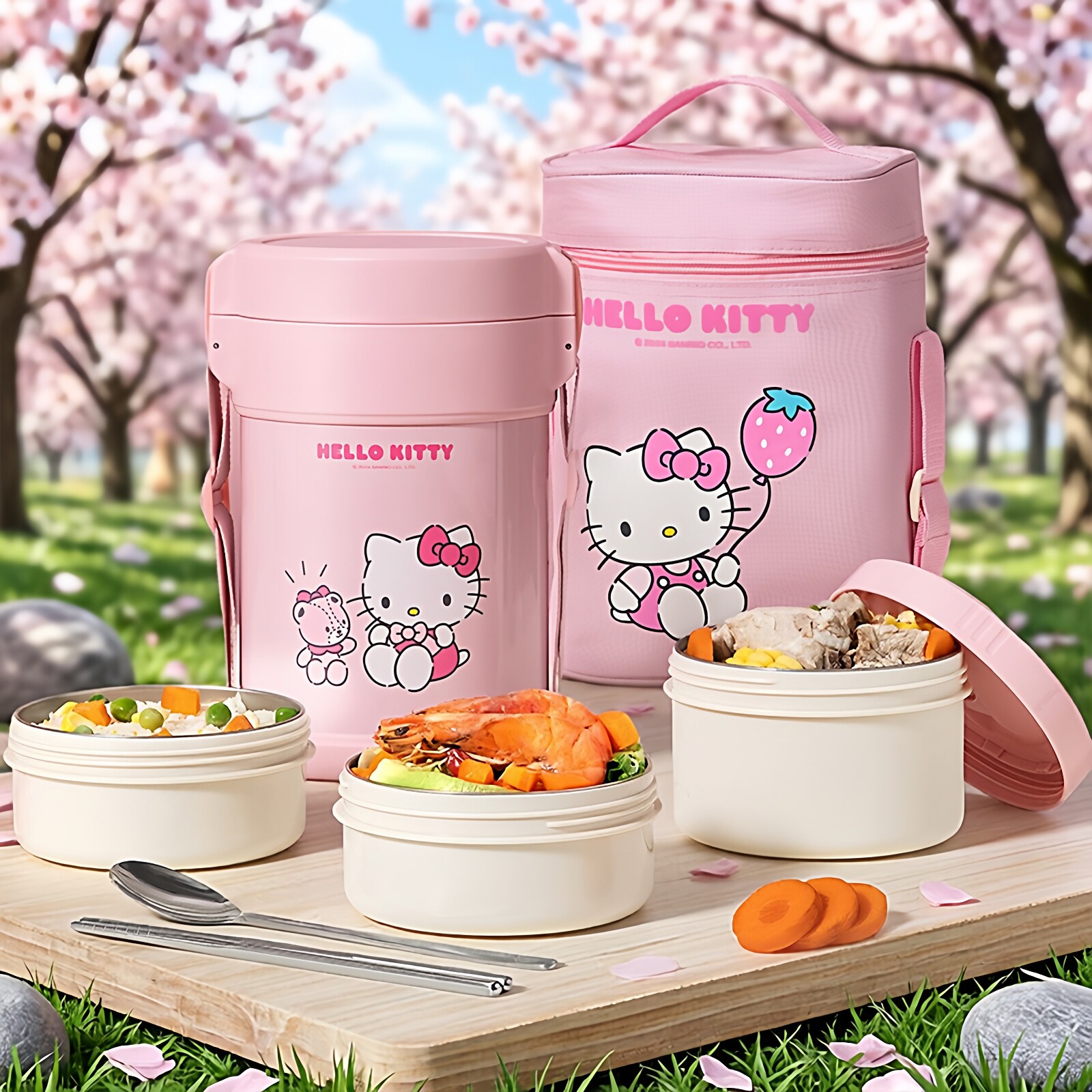 三丽鸥helloKitty联名卡通保温饭盒316不锈钢保温桶可爱便当盒3层