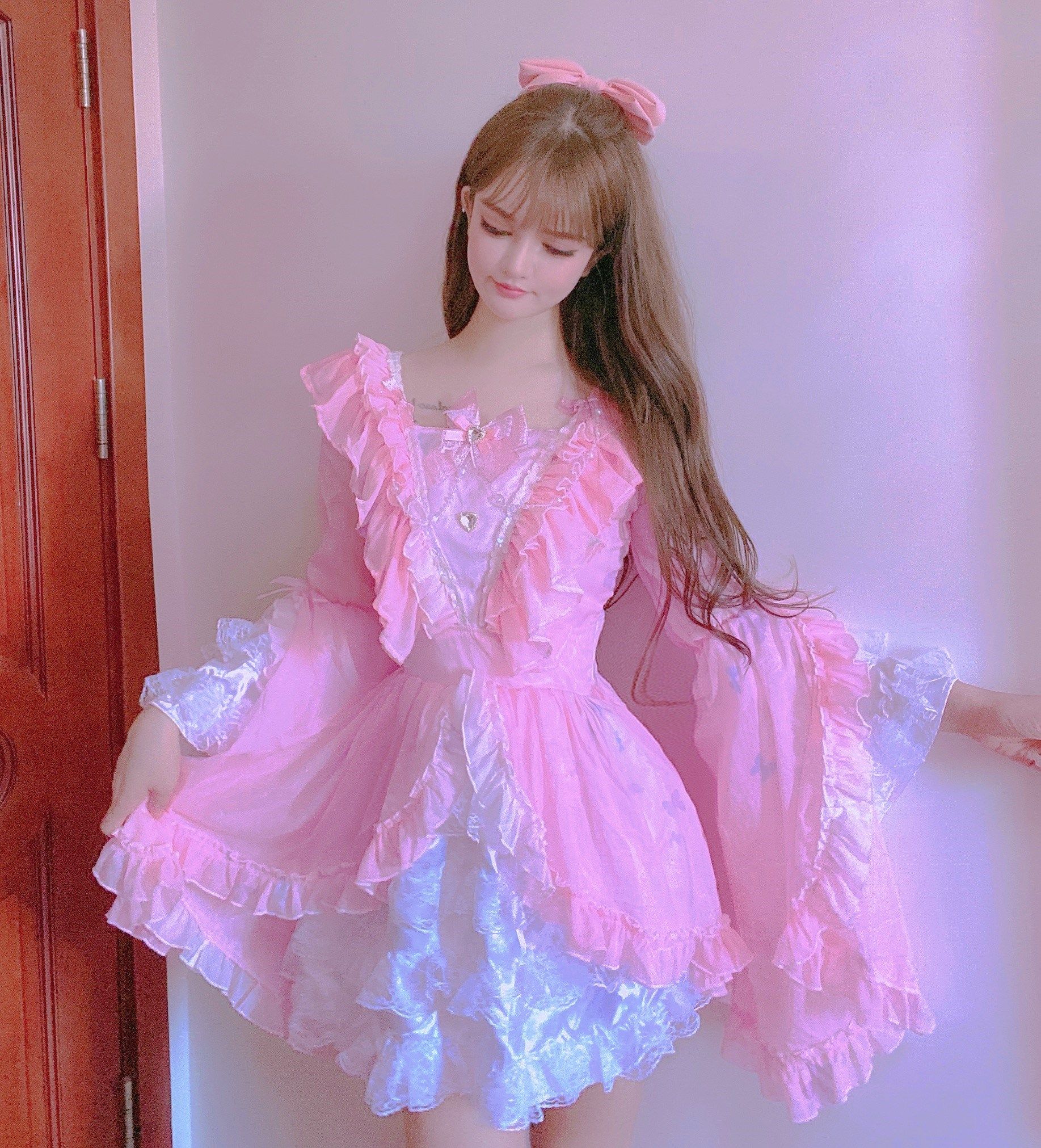 lolita少女公主蝴蝶结重工甜美喇叭袖洛丽塔汉服改良仙气连衣裙