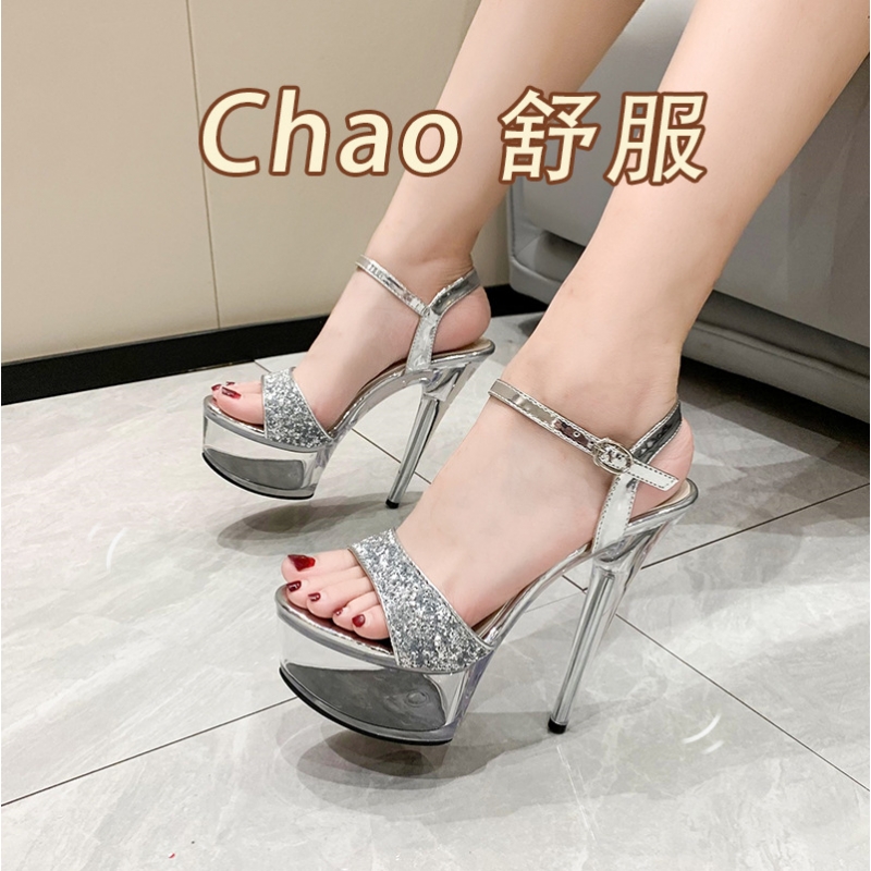 模特t台走秀高跟鞋软底不累脚专用女凉鞋15CM厘米舞台表演鞋亮片