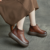 真皮小短靴女2025秋冬新款 复古坡跟厚底增高套脚单靴文艺风马丁靴