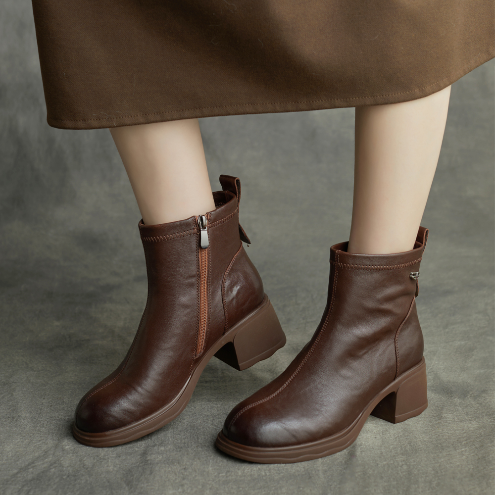 舒适通勤粗跟短靴真皮软底马丁靴