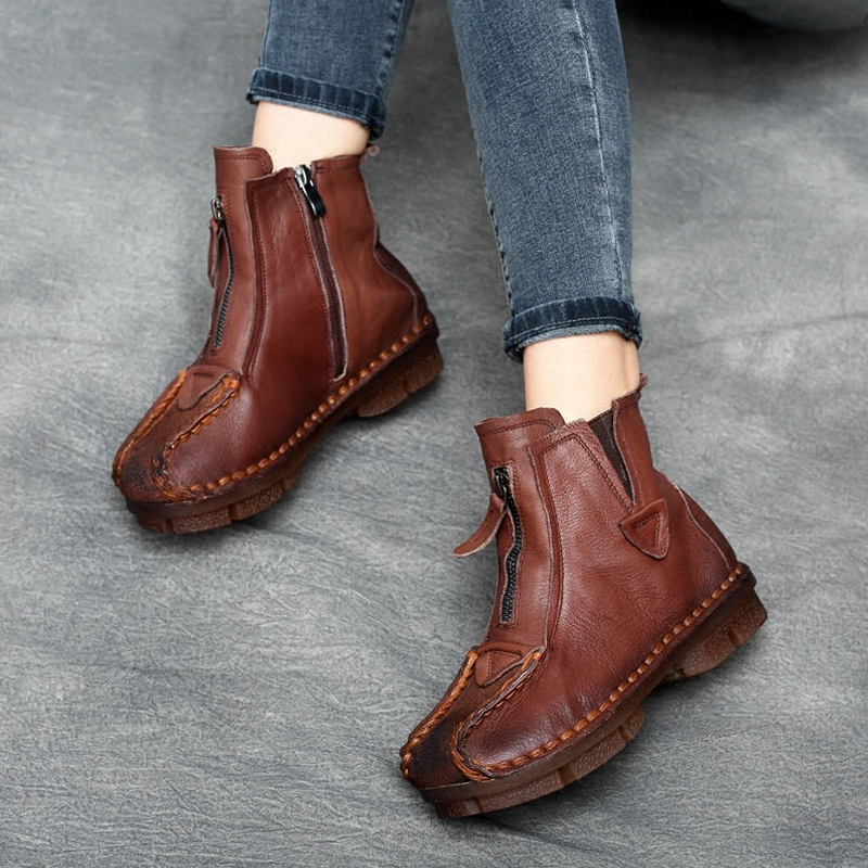 保暖马丁靴女民族风真皮软底短靴