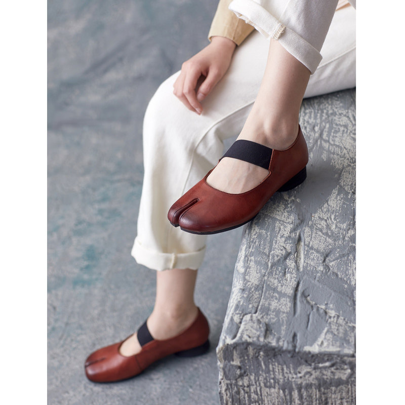 芭芭步2025春季水洗牛皮方头玛丽珍鞋分趾鞋套脚单鞋低跟芭蕾舞鞋