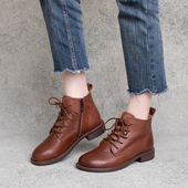 2025秋冬新款 帅气英伦风系带真皮圆头侧拉链平跟高帮单靴平底秋靴
