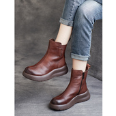 2025秋冬新款 真皮圆头软底厚底短靴马丁靴女靴加绒棉靴单靴子女