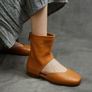 英伦手工真皮平跟软底中帮平底罗马凉鞋 包头凉靴2026春夏季 新款