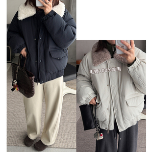 新国标90白鸭绒高品质冬季新款翻领羊羔毛拼接撞色保暖羽绒服外套
