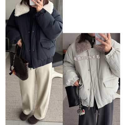 韩版90白鸭绒翻领拼接工装羽绒服