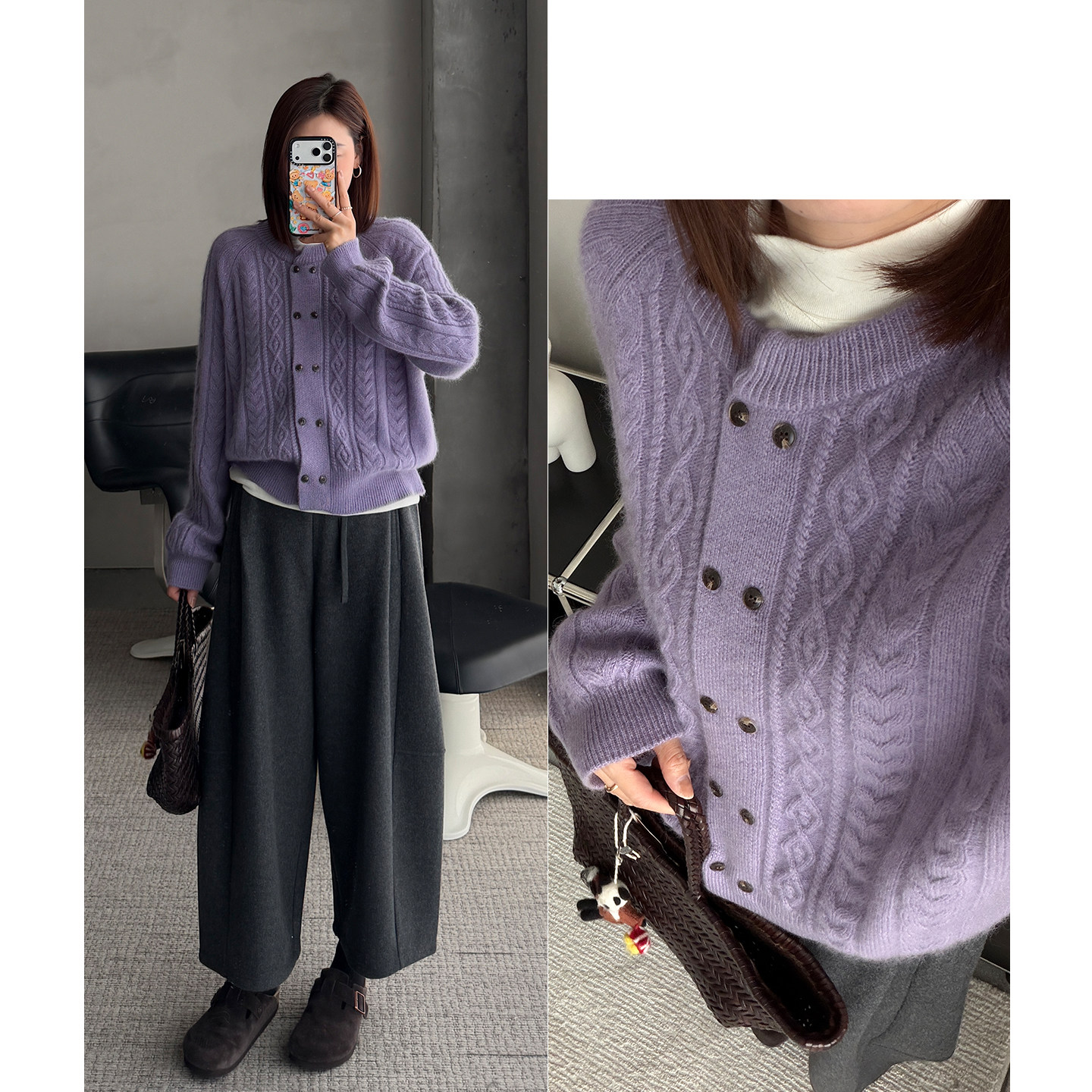 韩版休闲减龄圆领双排扣毛衣外套