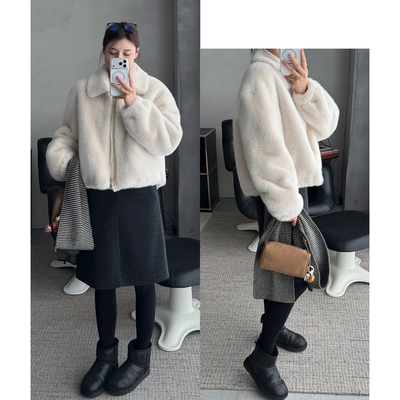 韩版休闲翻领拉链百搭皮草外套女