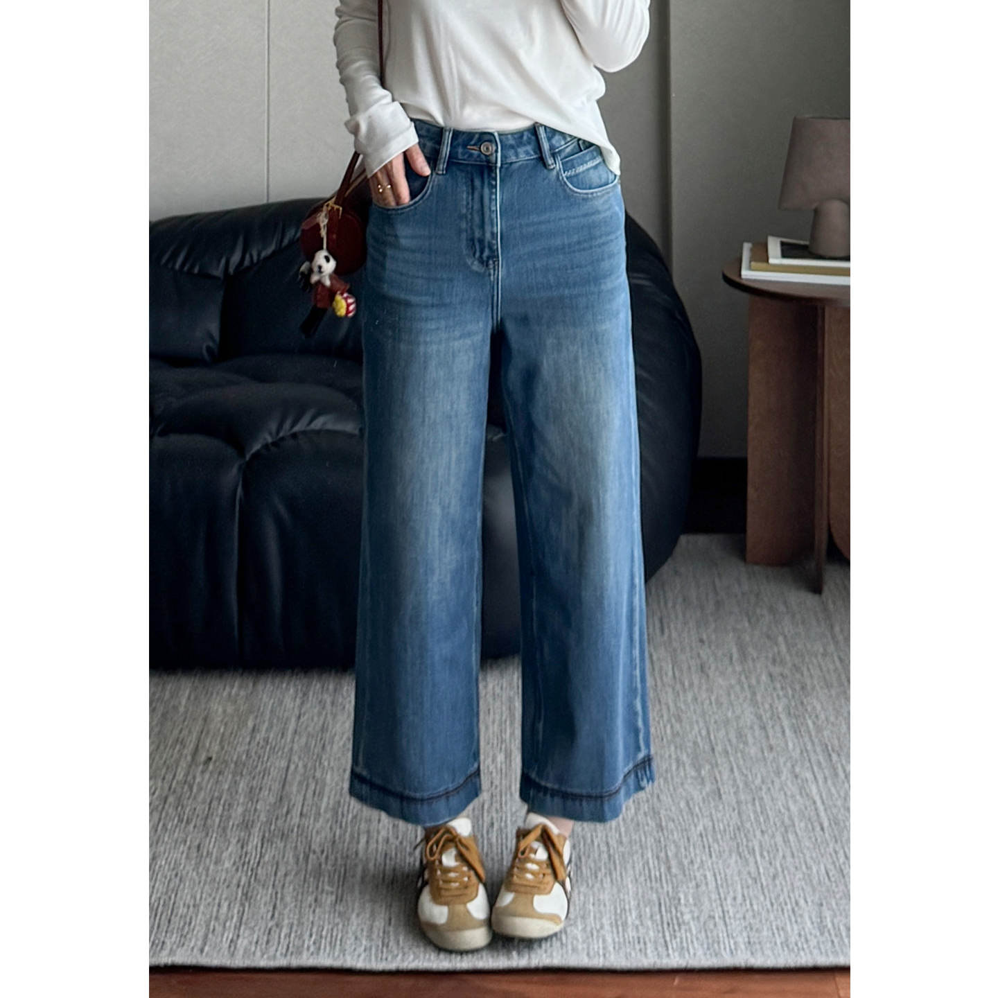 高腰水洗纯色显瘦宽松九分直筒裤