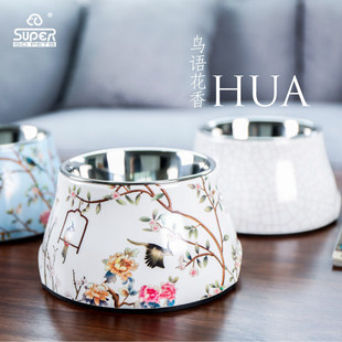 Super休普狗碗狗狗食盆狗盆护颈加高宠物狗子碗不锈钢贴花高脚碗