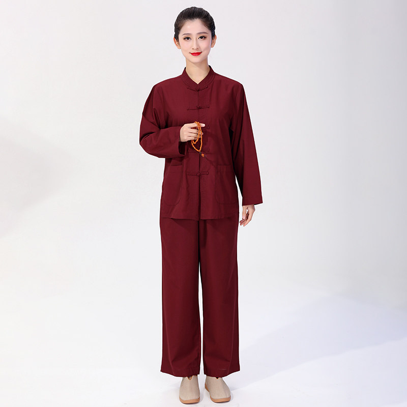 海青居士服僧衣服女男款禅修服套装春夏秋四季咖酒红色上衣和裤子