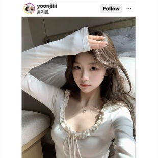 新款 BBen T恤女2026夏季 大U领木耳边长袖 小众设计感上衣 早春曼妙