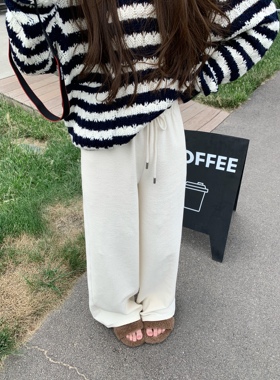 BBen软糯肌理感松紧腰白色休闲裤女2025秋季新款高级感百搭裤子