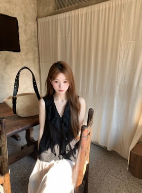 清仓特价 奥黛丽黑色蕾丝拼接精致无袖小衫法式高级感上衣夏季