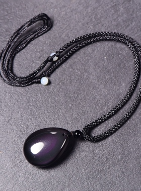 天然彩虹眼黑曜石水滴男士吊坠链情侣平安扣项链吊坠水滴转运饰品