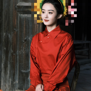 赵丽颖明星同款 中式 风簪花衬衫 气质设计感复古小众衬衣 大红色长袖