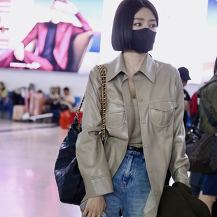 凡人歌陈昊宇秦岚同款卡其色百搭衬衫中长款宽松pu皮衣夹克外套女