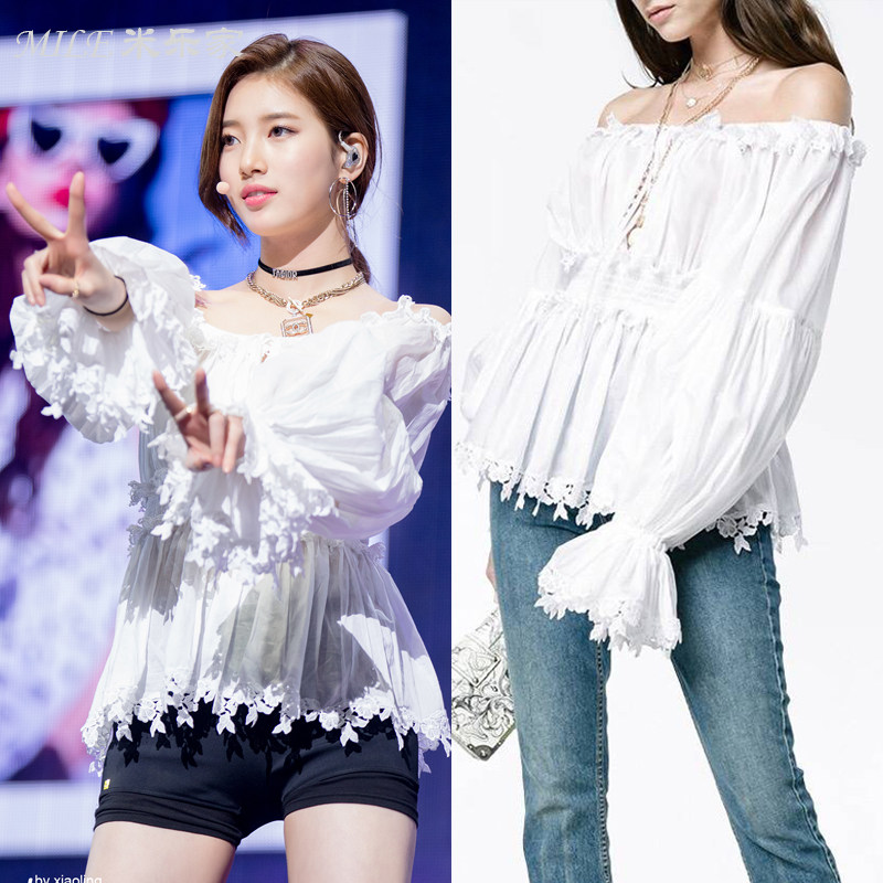 裴秀智明星同款抖音韩版收腰白色一字领上衣蕾丝边喇叭袖性感衬衫|ruв категории Женская одежда, рубашка - от Buy2taobao.com для оказания профессиональной услуги покупки агента Taobao