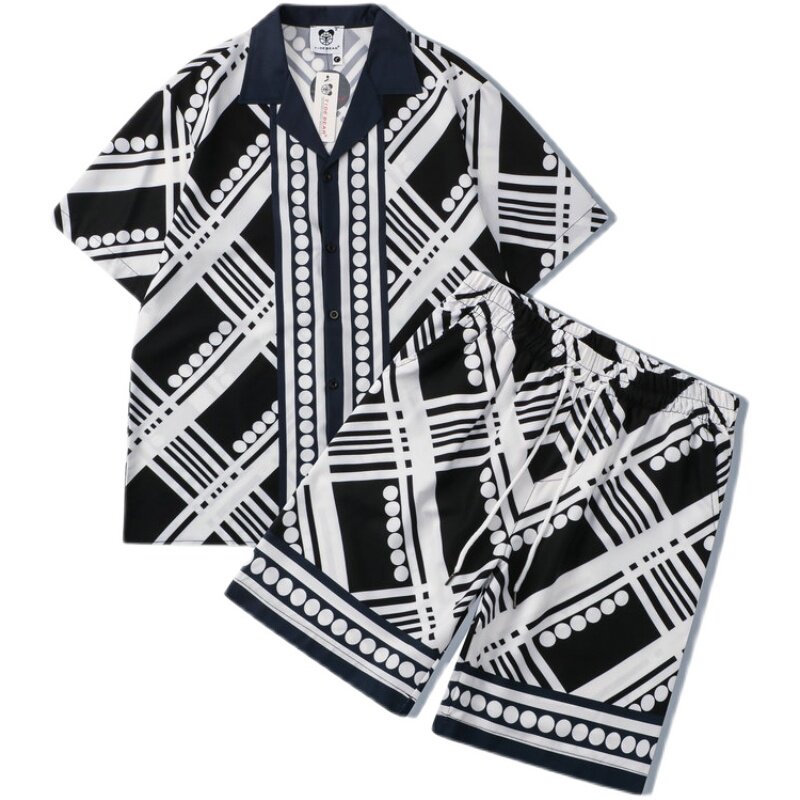 SUMMER SURFING BEACH WIND FLOWERS SHIRT SET CASUAL STRIPED POLKA DOT PRINT SHORT-SLEEVED SHORTS SET SHIRT