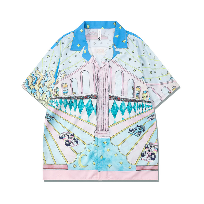 여름 서핑 비치 스타일 꽃 셔츠 정장 캐주얼 레이싱 프린트 반팔 반바지 세트 셔츠 남성 트렌드