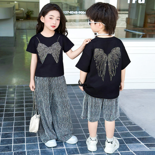男女童夏套装洋气时髦姐弟装儿童短袖长裤兄妹装新款街舞潮酷帅气