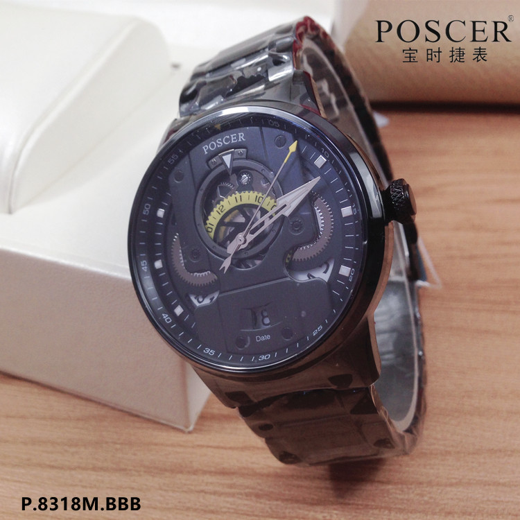 专柜同款Poscer/宝时捷手表 石英表男表夜光镂空黑色表盘防水8318