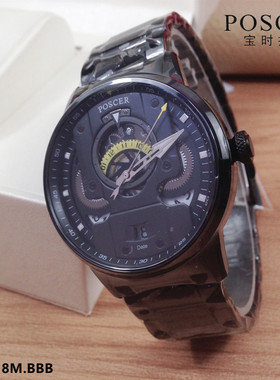 专柜同款Poscer/宝时捷手表 石英表男表夜光镂空黑色表盘防水8318
