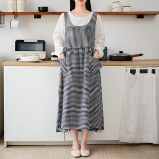 跨境韩版千鸟格圆领围裙中长款连衣裙前后两片开衩奶茶咖啡师花艺
